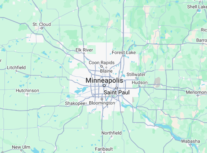 Map showing Minneapolis–Saint Paul area with nearby cities and highways.