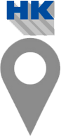 Gray location pin icon with HK in blue and shadowed block letters above