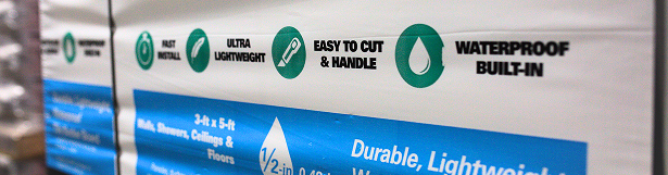 Close-up of product packaging highlighting waterproof, lightweight, and easy install features